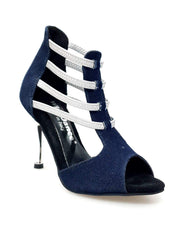 Load image into Gallery viewer, West Blu (460PW) - Woman&#39;s Sandal in Blue Jeans Fabric with Silver Elastics and Silver laminated stiletto heel
