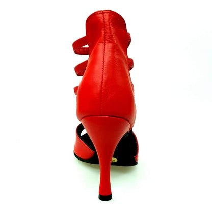 Sandalo in pelle rossa Diabla Roja (460PW) con elastici rossi e tacco a spillo rivestito in vera pelle italiana.