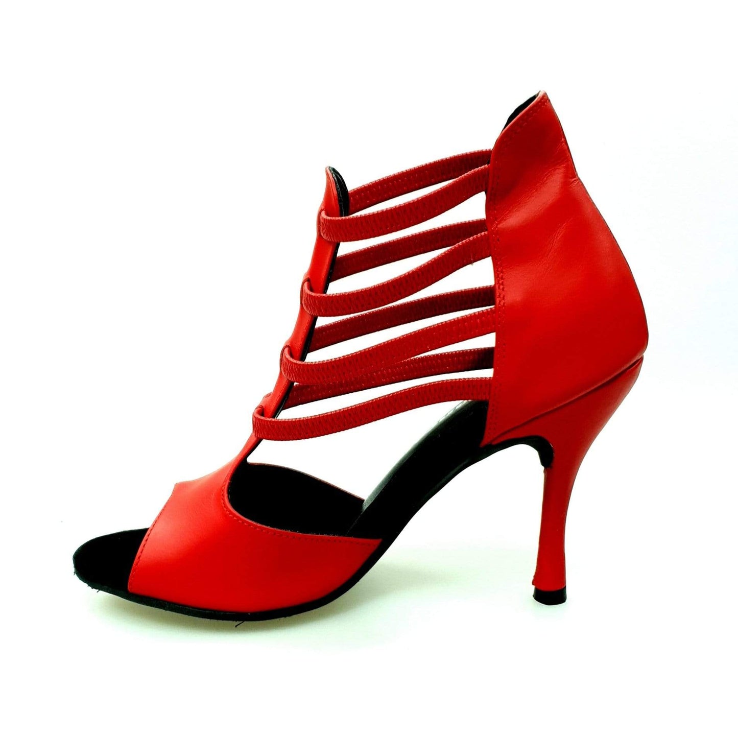 Sandalo Diabla Roja in pelle rossa con elastici rossi e tacco a spillo rivestito in vera pelle italiana, di Wish Dance Shop.