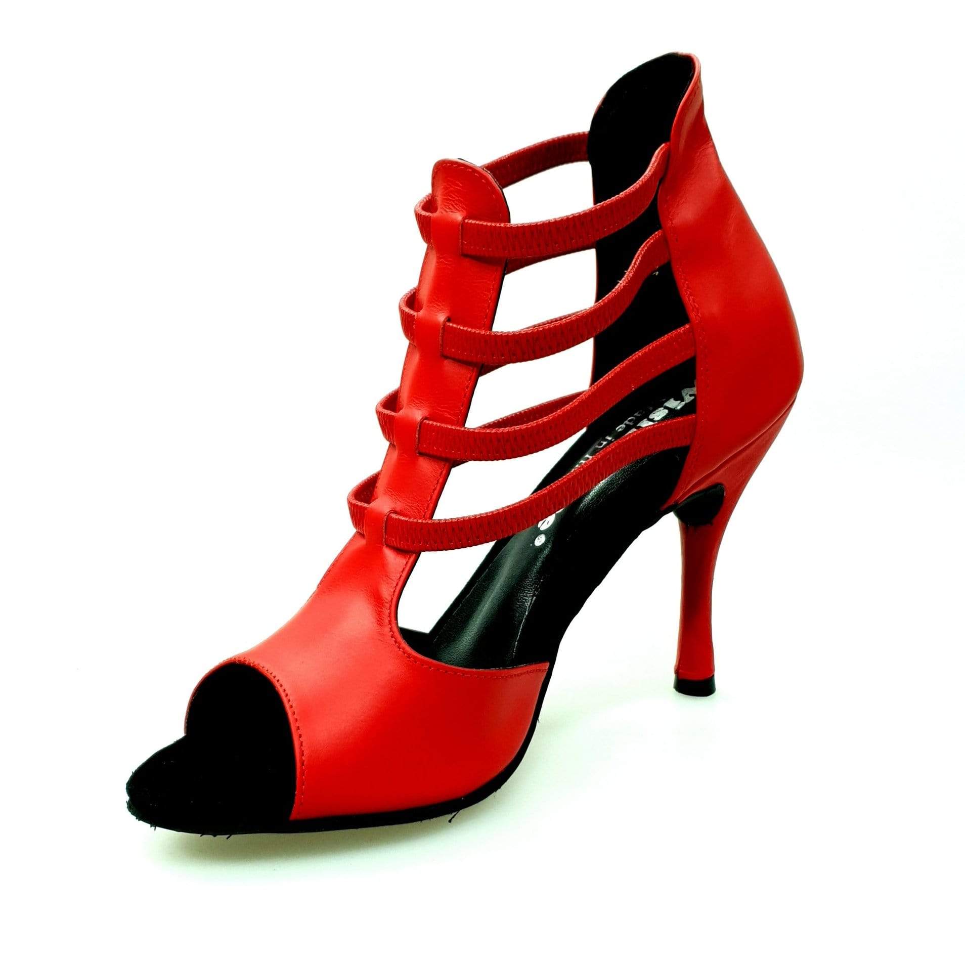 Sandalo in pelle rossa Diabla Roja (460PW) con elastici rossi e tacco a spillo rivestito in vera pelle italiana, di Wish Dance Shop.