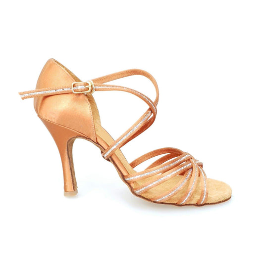 Scarpa da ballo Wish Dance Shop in raso bronzo con paillettes e tacco a rocchettino, modello Vittoria 1539QCH.