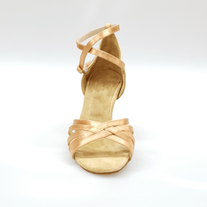 Scarpa in raso carne Outlet con fascette e tacco a rocchetto, elegante e semplice, ideale per occasioni speciali.