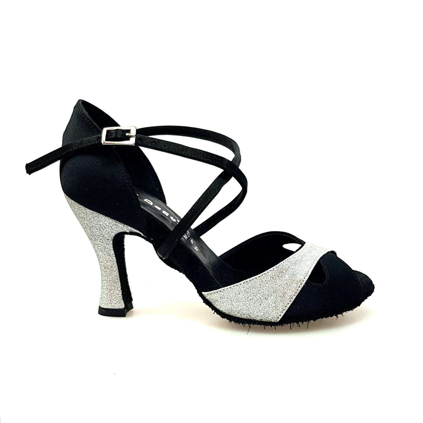 Scarpa da donna Ely QC in raso nero e glitter argento con cinturino incrociato e tacco rocchetto, elegante e raffinata.