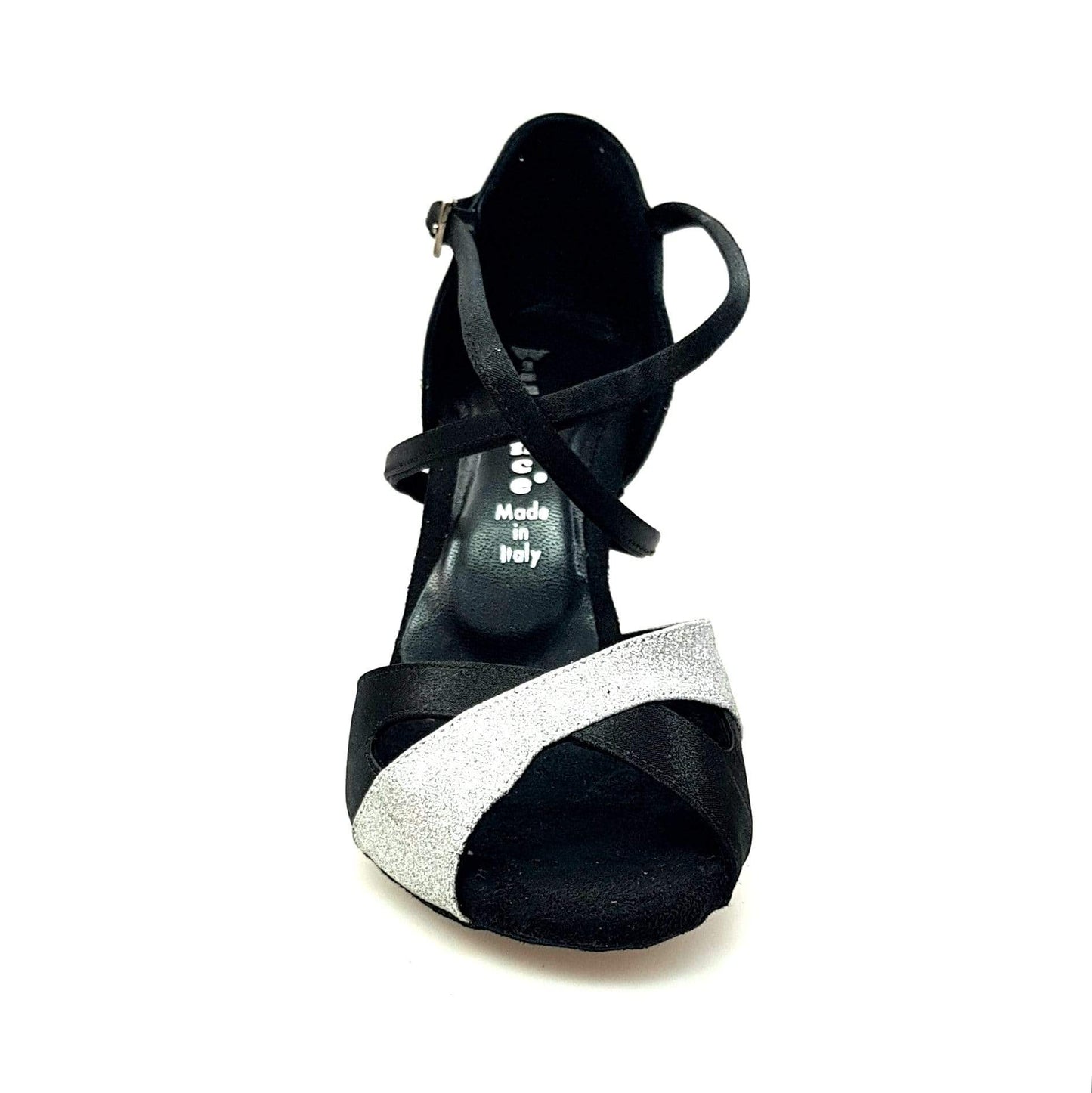 Scarpa da donna Ely QC in raso nero e glitter argento con cinturino incrociato e tacco rocchetto, elegante e brillante.