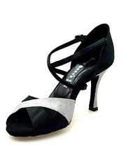 Cargar imagen en la Galería, Scarpa da donna Ely QC in raso nero e glitter argento, con cinturino incrociato e tacco rocchettino, di Wish Dance Shop.