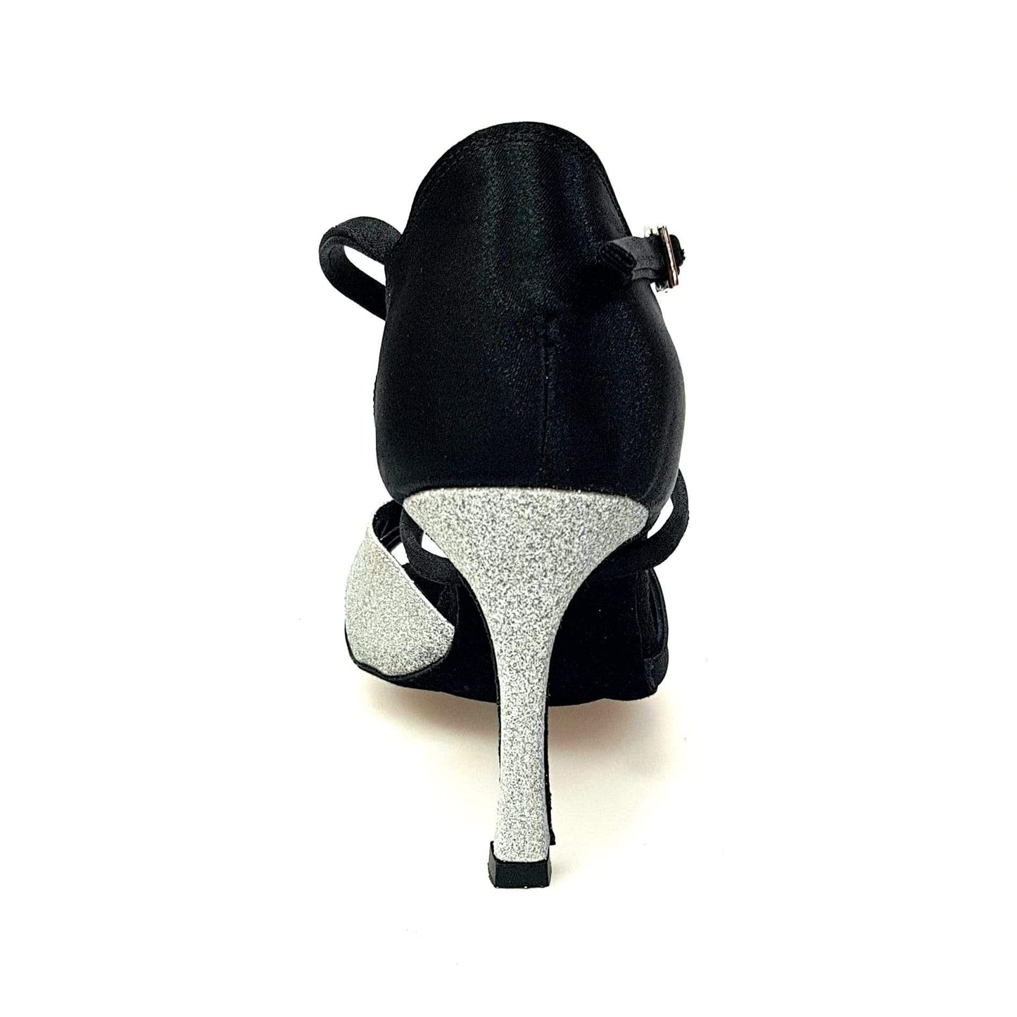 Scarpa da donna Ely QC in raso nero e glitter argento con cinturino incrociato e tacco rocchetto, marca Wish Dance Shop.