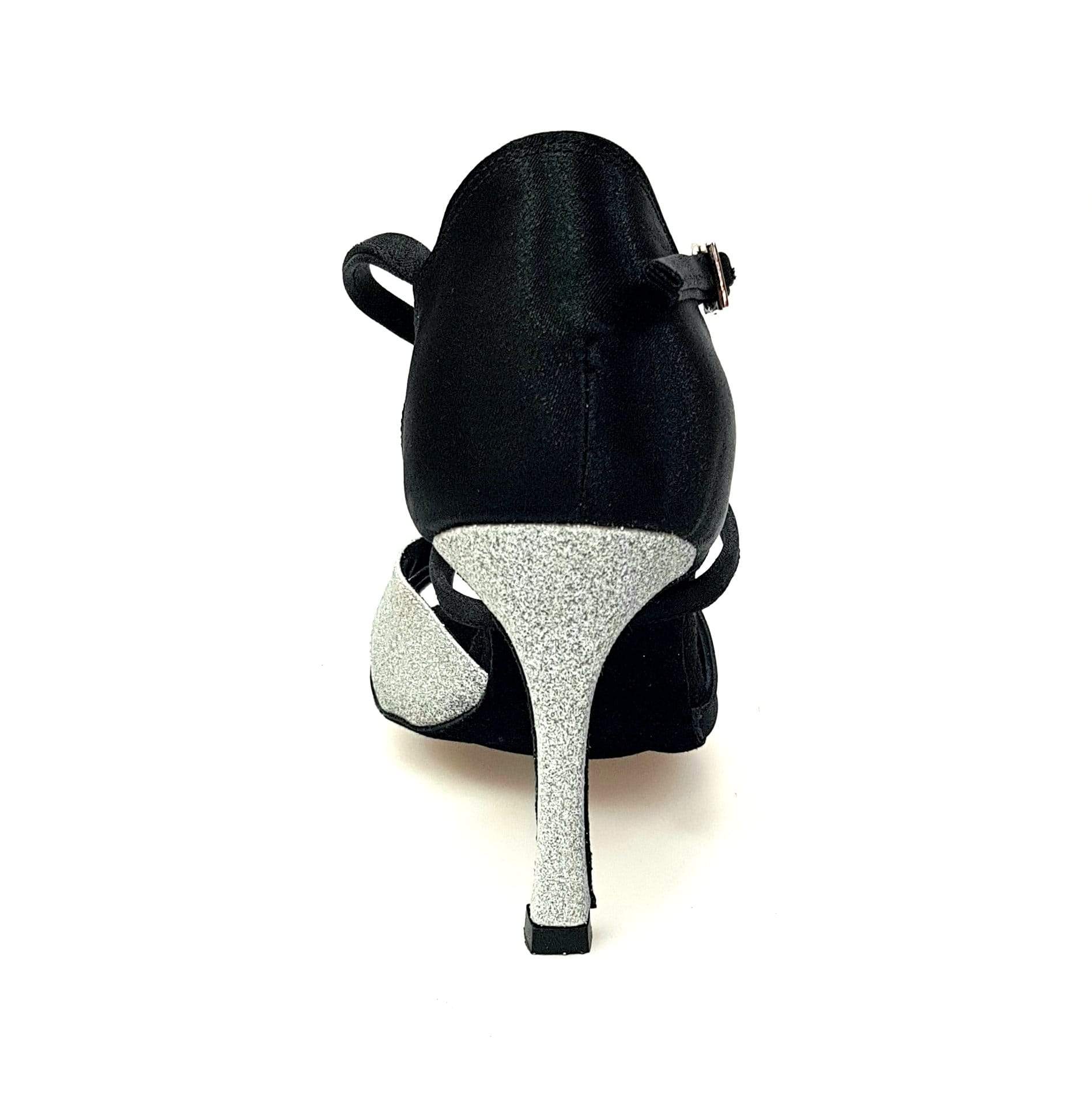 Scarpa da donna Ely QC in raso nero e glitter argento con cinturino incrociato e tacco rocchetto, marca Wish Dance Shop.