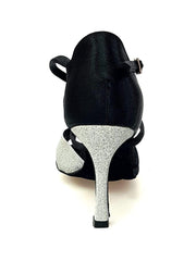 Cargar imagen en la Galería, Scarpa da donna Ely QC in raso nero e glitter argento con cinturino incrociato e tacco rocchetto, marca Wish Dance Shop.