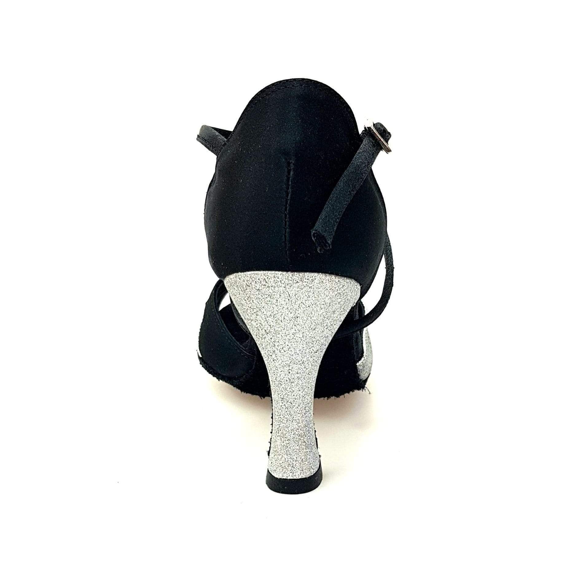 Scarpa da donna Ely QC Wish Dance Shop in raso nero e glitter argento con cinturino incrociato e tacco rocchetto.