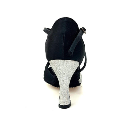 Scarpa da donna Ely QC Wish Dance Shop in raso nero e glitter argento con cinturino incrociato e tacco rocchetto.