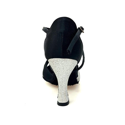 Scarpa da donna Ely QC Wish Dance Shop in raso nero e glitter argento, con cinturino incrociato e tacco rocchetto.