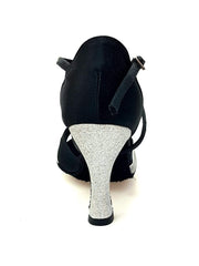 Cargar imagen en la Galería, Scarpa da donna Ely QC Wish Dance Shop in raso nero e glitter argento, con cinturino incrociato e tacco rocchetto.