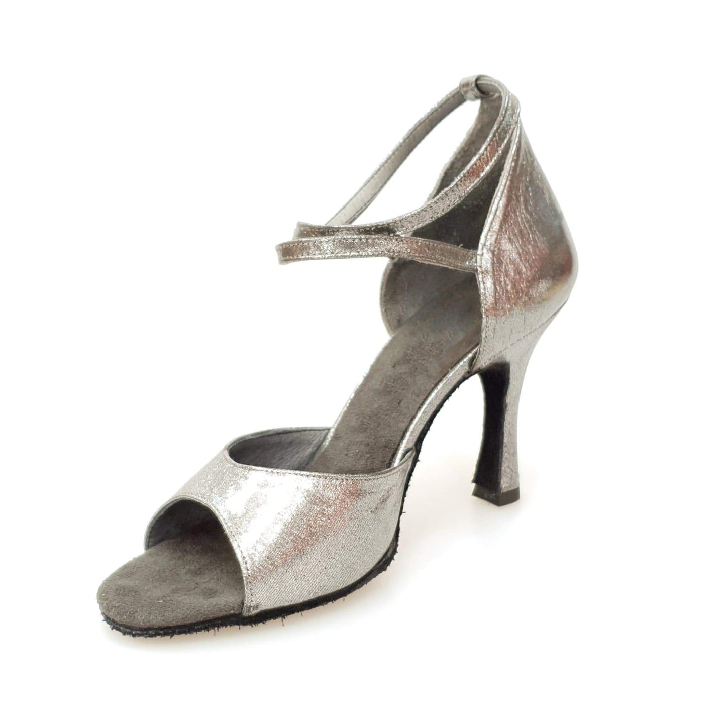 Scarpa in pelle satinata color canna di fucile con tacco a rocchettino, scarpa elegante Outlet, vista frontale.