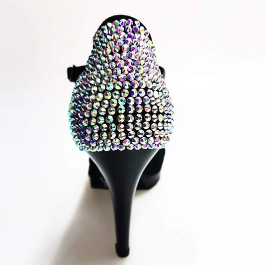 Sandalo donna Xena Starlight in camoscio nero con cristalli Swarovski, plateau e tacco a spillo, scarpa elegante Wish Dance Shop