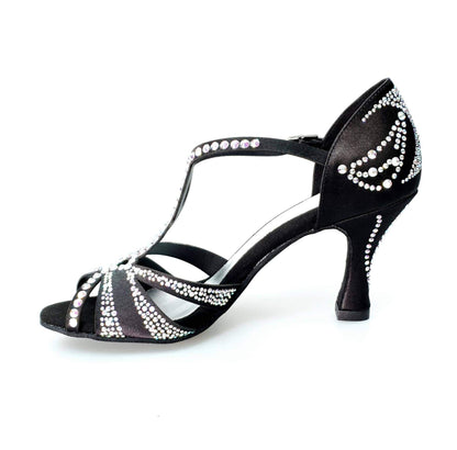 Scarpa da ballo in raso seta nero Wish Dance Shop Camila Superb accollata con Swarovski Boreali e tacco a rocchetto