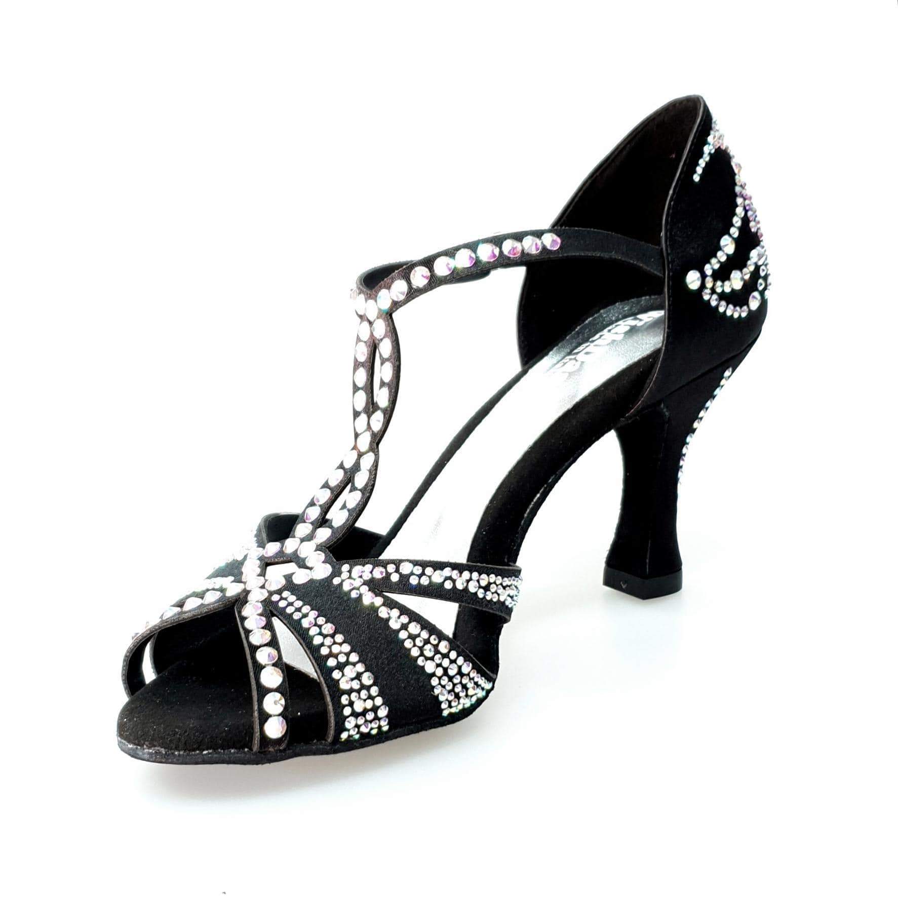 Scarpa da ballo in raso seta nero Wish Dance Shop, modello CAMILA Superb, con Swarovski Boreali e tacco a rocchetto.