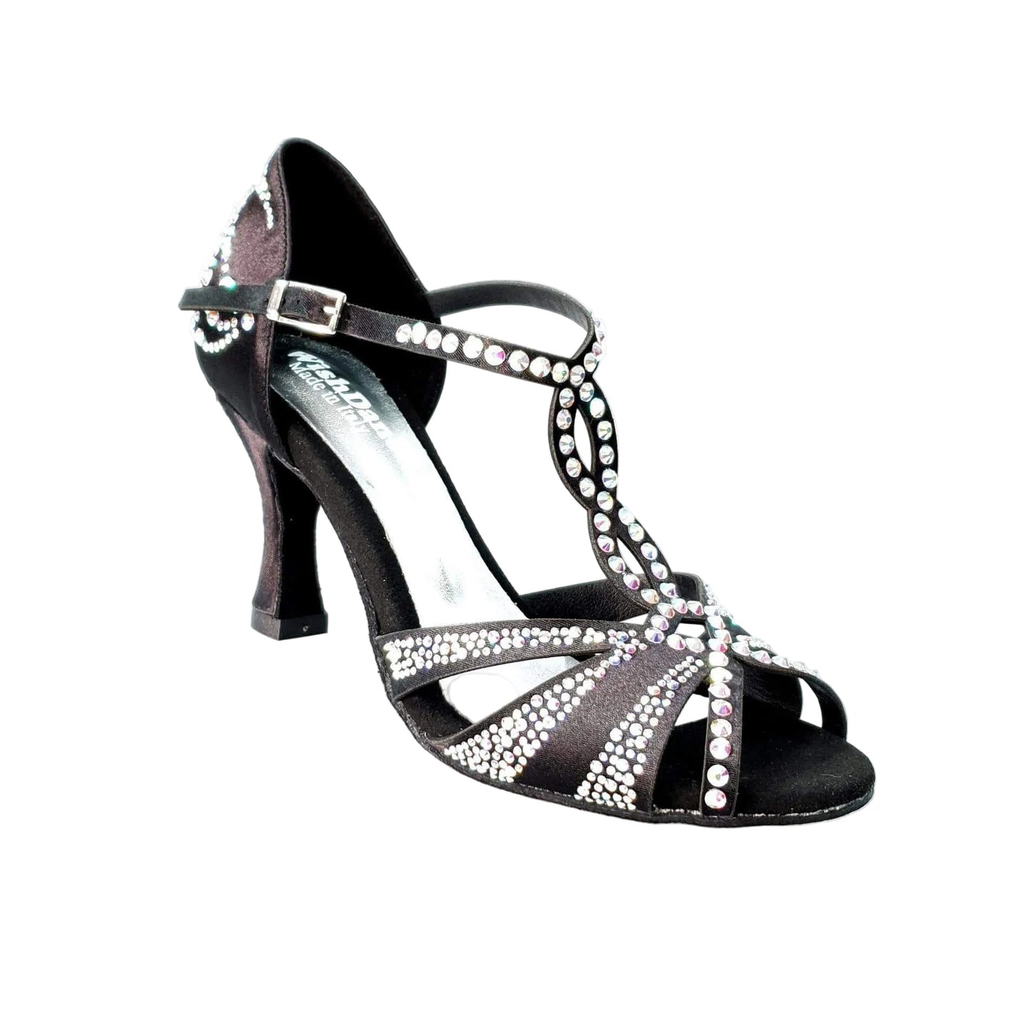 Scarpa da ballo in raso seta nero Camila Superb L13 con Swarovski Boreali e tacco a rocchetto, marca Wish Dance Shop.