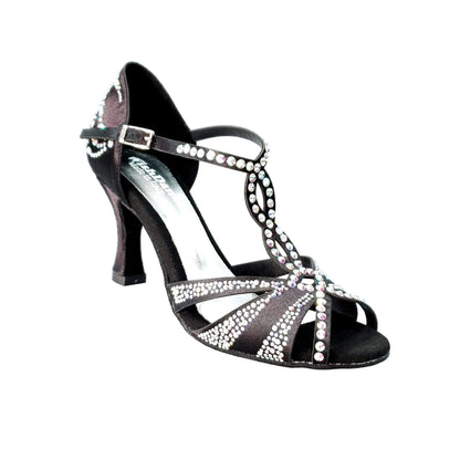 Scarpa da ballo in raso seta nero Camila Superb L13 con Swarovski Boreali e tacco a rocchetto, marca Wish Dance Shop.