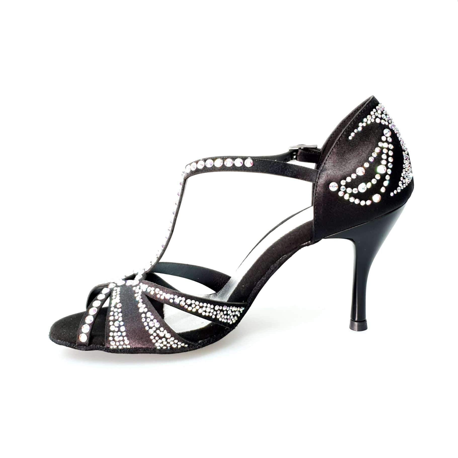 Scarpa da ballo Camila Superb Wish Dance Shop in raso seta nero con Swarovski Boreali e tacco a spillo smaltato nero