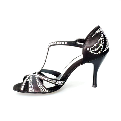 Scarpa da ballo Camila Superb Wish Dance Shop in raso seta nero con Swarovski Boreali e tacco a spillo smaltato nero