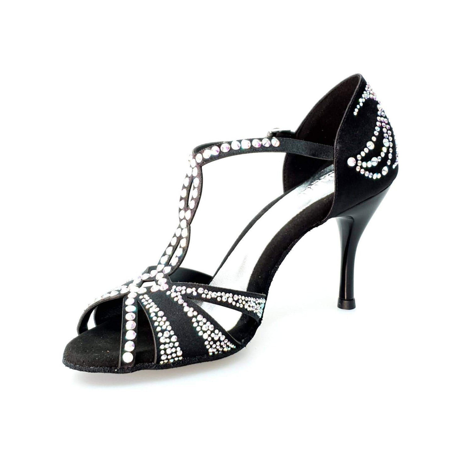Scarpa da ballo Camila Superb Wish Dance Shop in raso di seta nero con Swarovski Boreali e tacco a spillo smaltato nero.