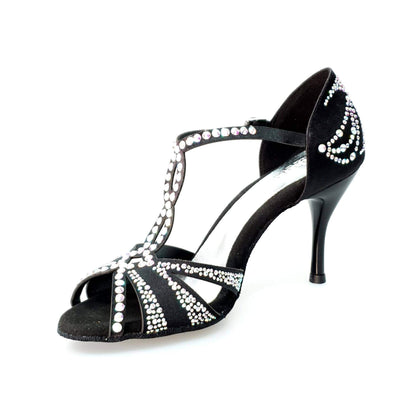 Scarpa da ballo Camila Superb Wish Dance Shop in raso di seta nero con Swarovski Boreali e tacco a spillo smaltato nero.