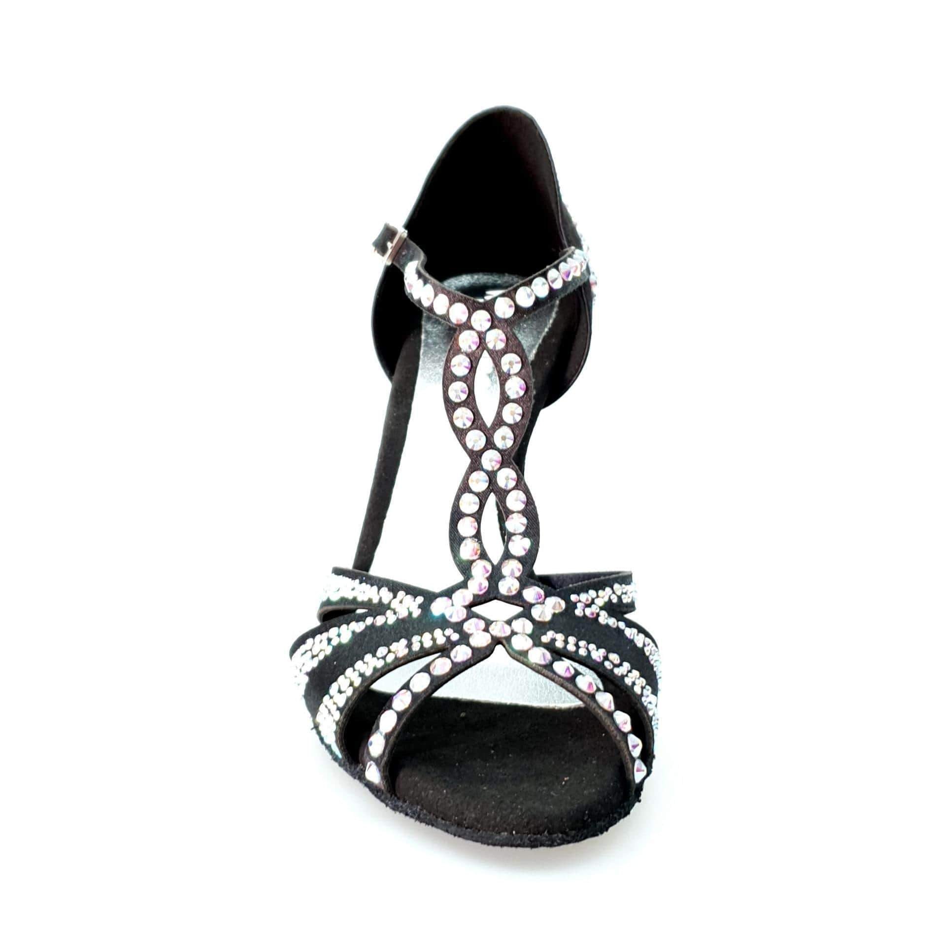 Scarpa da ballo Camila Superb Wish Dance Shop in raso seta nero con Swarovski Boreali e tacco a spillo smaltato nero