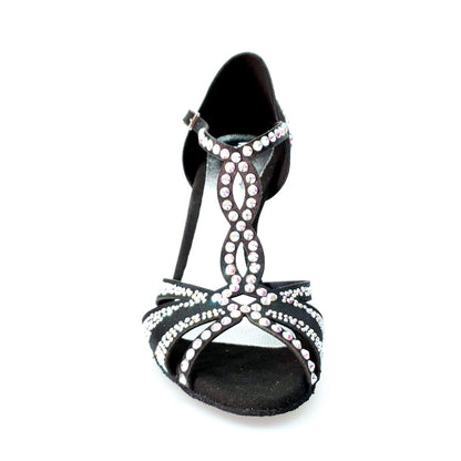 Scarpa da ballo Camila Superb Wish Dance Shop in raso seta nero con Swarovski Boreali e tacco a spillo smaltato nero