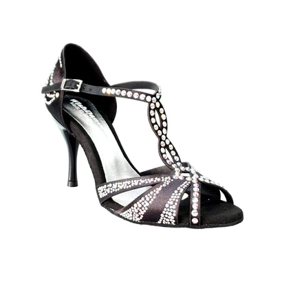 Scarpa da ballo Camila Superb Wish Dance Shop in raso di seta nero con Swarovski Boreali e tacco a spillo smaltato nero.