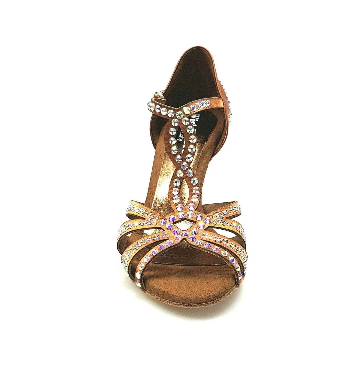 Scarpa da ballo ALESSIA Superb in raso seta bronzo con Swarovski e tacco a rocchetto, perfetta per danza elegante.