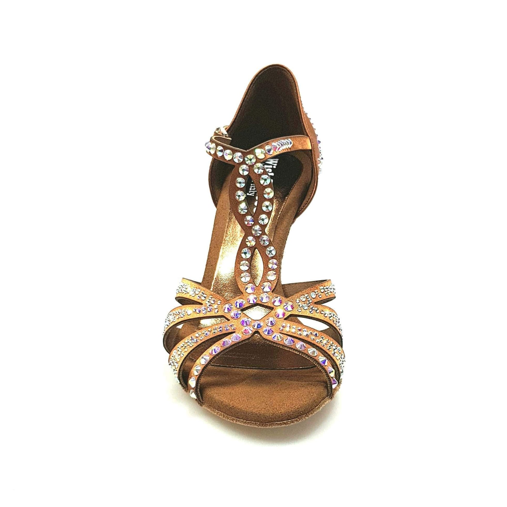 Scarpa da ballo ALESSIA Superb in raso seta bronzo con Swarovski e tacco a rocchetto, perfetta per danza elegante.