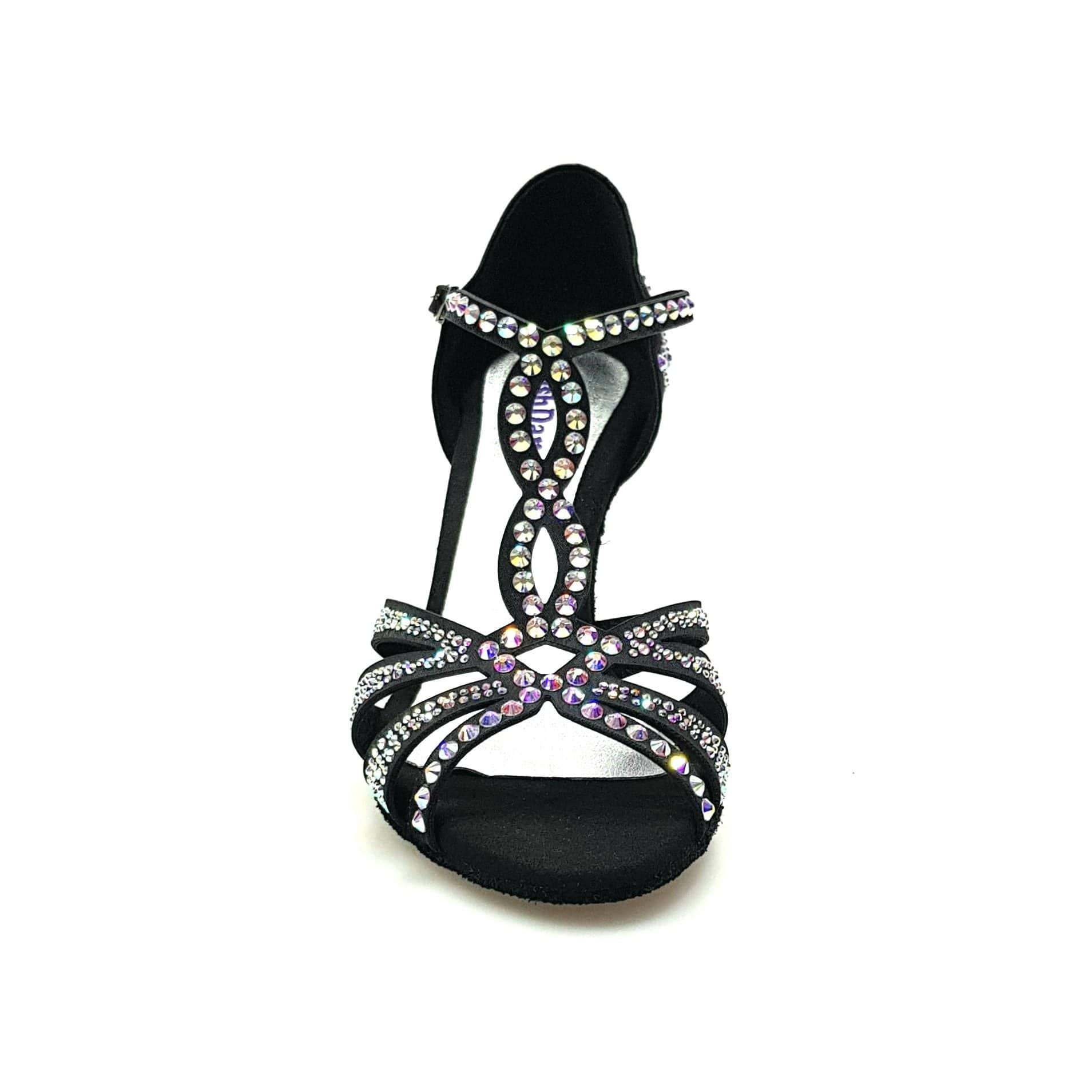 Scarpa da ballo in raso seta nero Wish Dance Shop con Swarovski e tacco a rocchetto, elegante e raffinata.