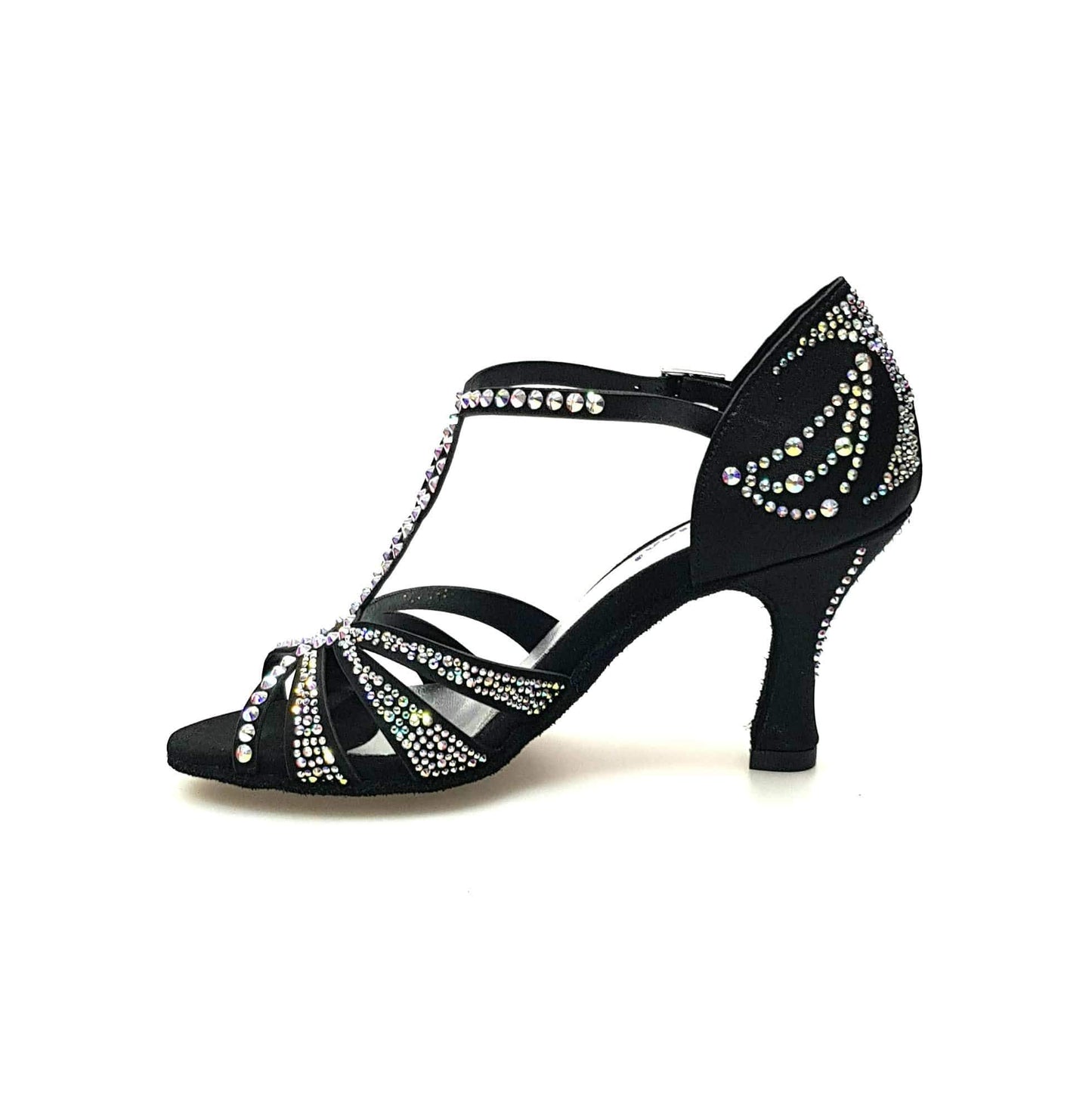 Scarpa da ballo in raso seta nero con Swarovski e tacco a rocchetto, modello ALESSIA Superb (L1) di Wish Dance Shop