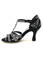 Carica immagine nella Galleria, Wish Dance Shop Superb - Scarpa da Ballo in Raso Seta Nero con Swarovski e Tacco a Rocchetto
