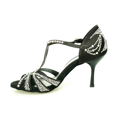 Scarpa da ballo ALESSIA Superb Wish Dance Shop in raso seta nero con Swarovski e tacco a spillo smaltato nero.