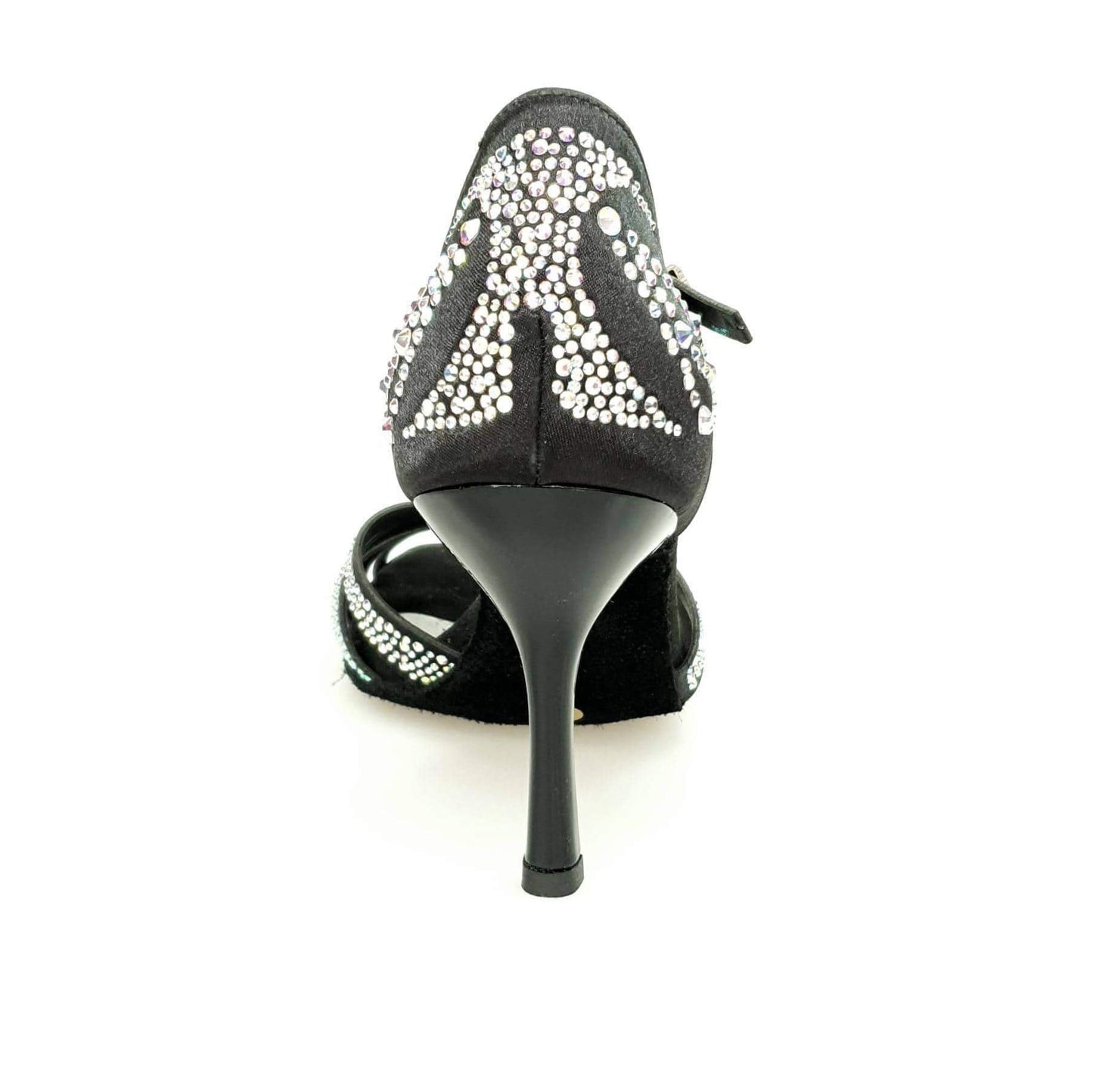 Scarpa da ballo ALESSIA Superb in raso seta nero con Swarovski e tacco a spillo smaltato nero, elegante e raffinata.
