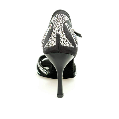 Scarpa da ballo ALESSIA Superb in raso seta nero con Swarovski e tacco a spillo smaltato nero, elegante e raffinata.