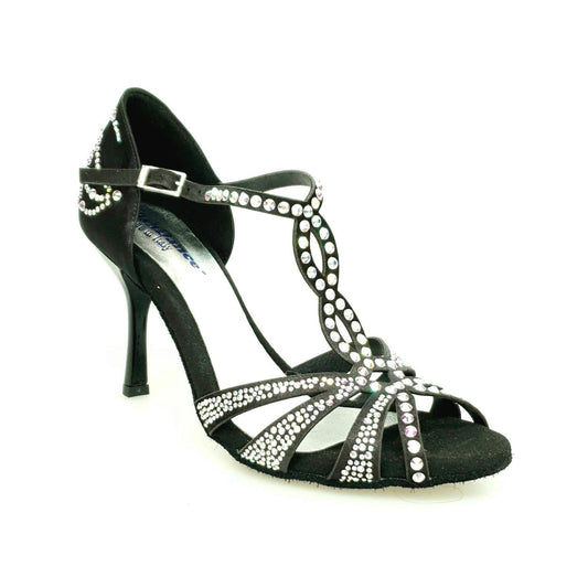Scarpa da ballo ALESSIA Superb Wish Dance Shop in raso seta nero con Swarovski e tacco a stiletto smaltato nero.