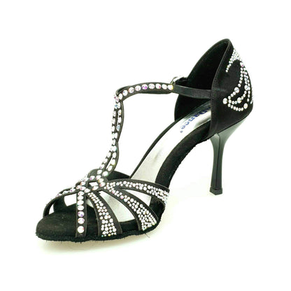 Scarpa da ballo ALESSIA Superb in raso seta nero con Swarovski e tacco a stiletto smaltato nero, elegante e raffinata.