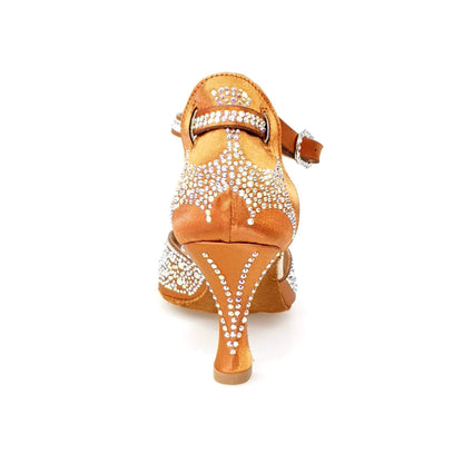 Scarpa donna Miriam Temptation Plus in raso bronzo con Swarovski Boreali e tacco a rocchetto, elegante e raffinata.