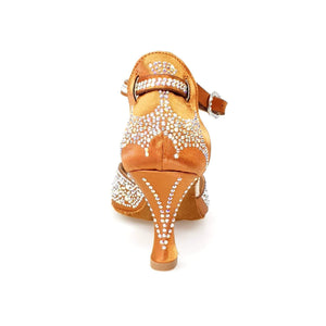 MIRIAM Temptation Plus (L6) - Woman's Shoe in Tan Bronze Satin With Boreal Swarovski and Spool Heel