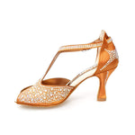 Load image into Gallery viewer, MIRIAM Temptation Plus (L6) - Woman&#39;s Shoe in Tan Bronze Satin With Boreal Swarovski and Spool Heel
