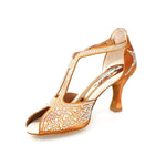 Load image into Gallery viewer, MIRIAM Temptation Plus (L6) - Woman&#39;s Shoe in Tan Bronze Satin With Boreal Swarovski and Spool Heel
