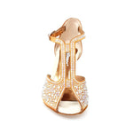 Load image into Gallery viewer, MIRIAM Temptation Plus (L6) - Woman&#39;s Shoe in Tan Bronze Satin With Boreal Swarovski and Spool Heel
