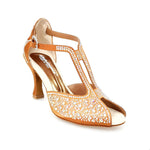 Load image into Gallery viewer, MIRIAM Temptation Plus (L6) - Woman&#39;s Shoe in Tan Bronze Satin With Boreal Swarovski and Spool Heel
