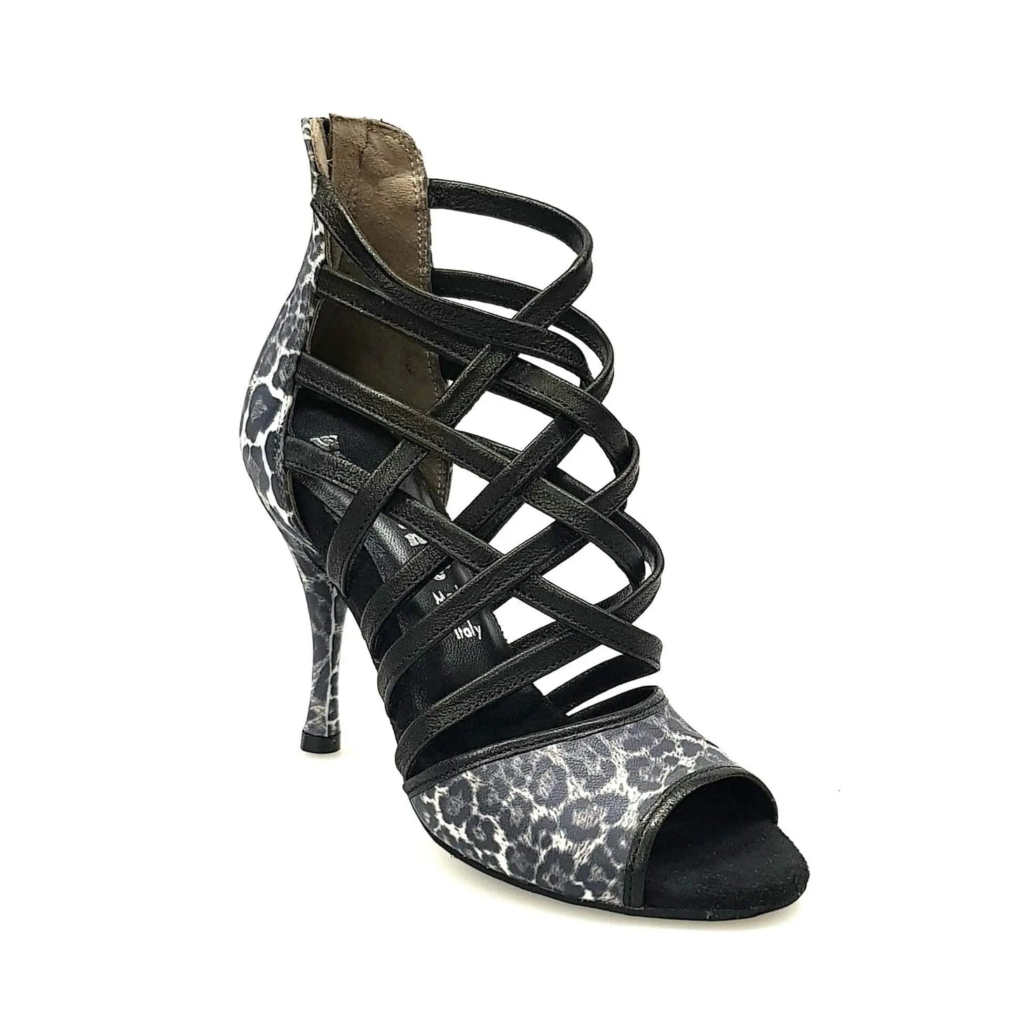 Sandalo da donna Wishdance Megan in pelle maculata con fascette nere, scarpa elegante in pelle con cinturini sottili.