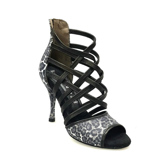 Sandalo da donna Wishdance Megan in pelle maculata con fascette nere, scarpa elegante in pelle con cinturini sottili.