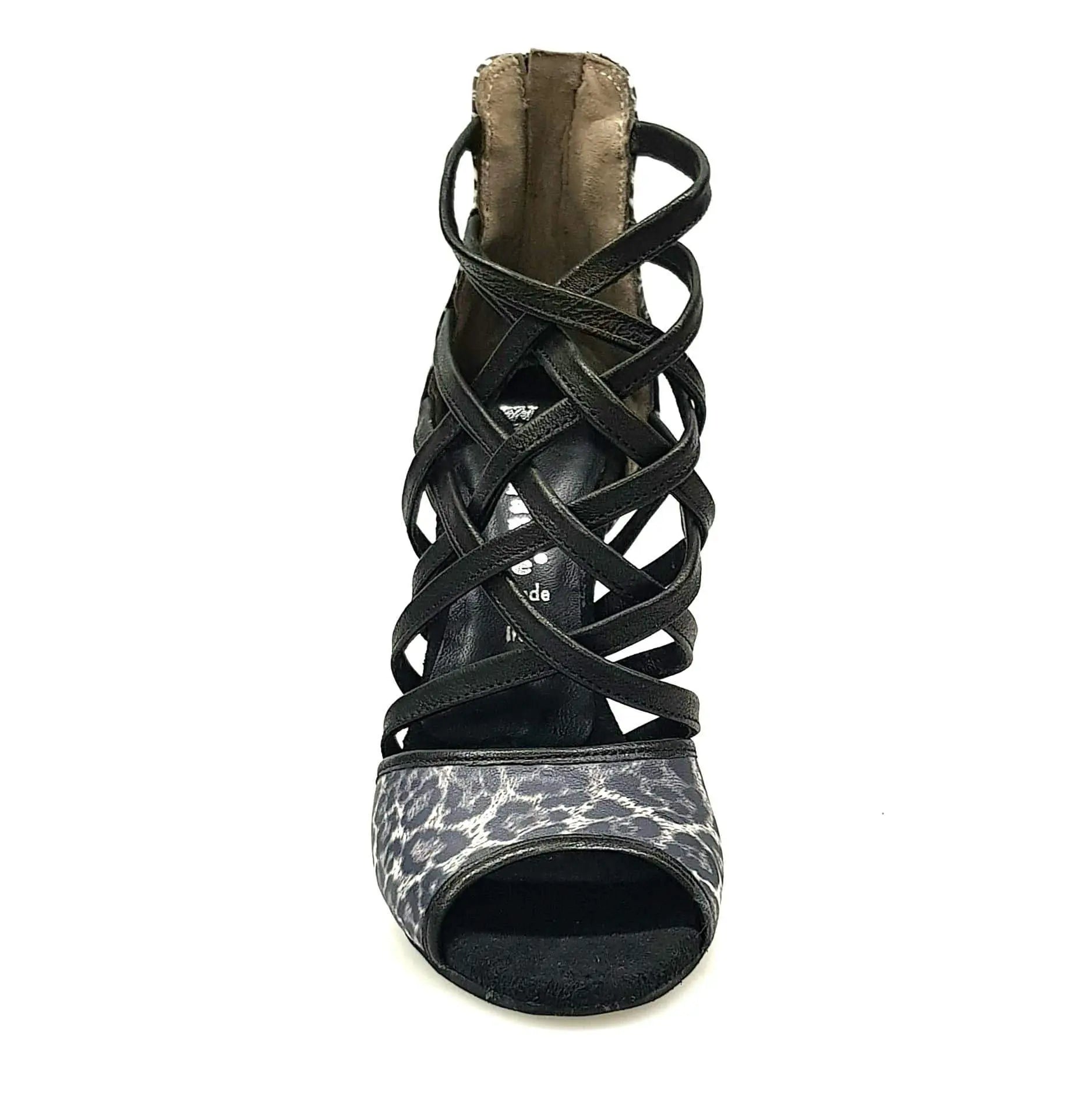 Sandalo da donna Wishdance Megan 161P in pelle maculata con fascette in pelle nera, punta aperta e tallone aperto.
