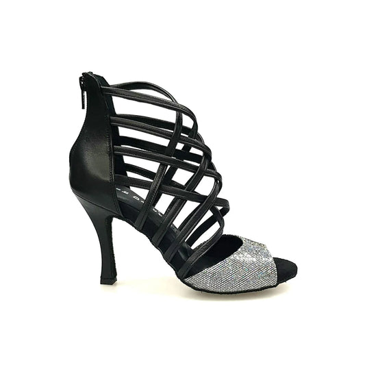 Sandalo donna Wishdance Megan in vera pelle nera con tomaia multicolor e dettagli argentati, scarpa elegante e moderna