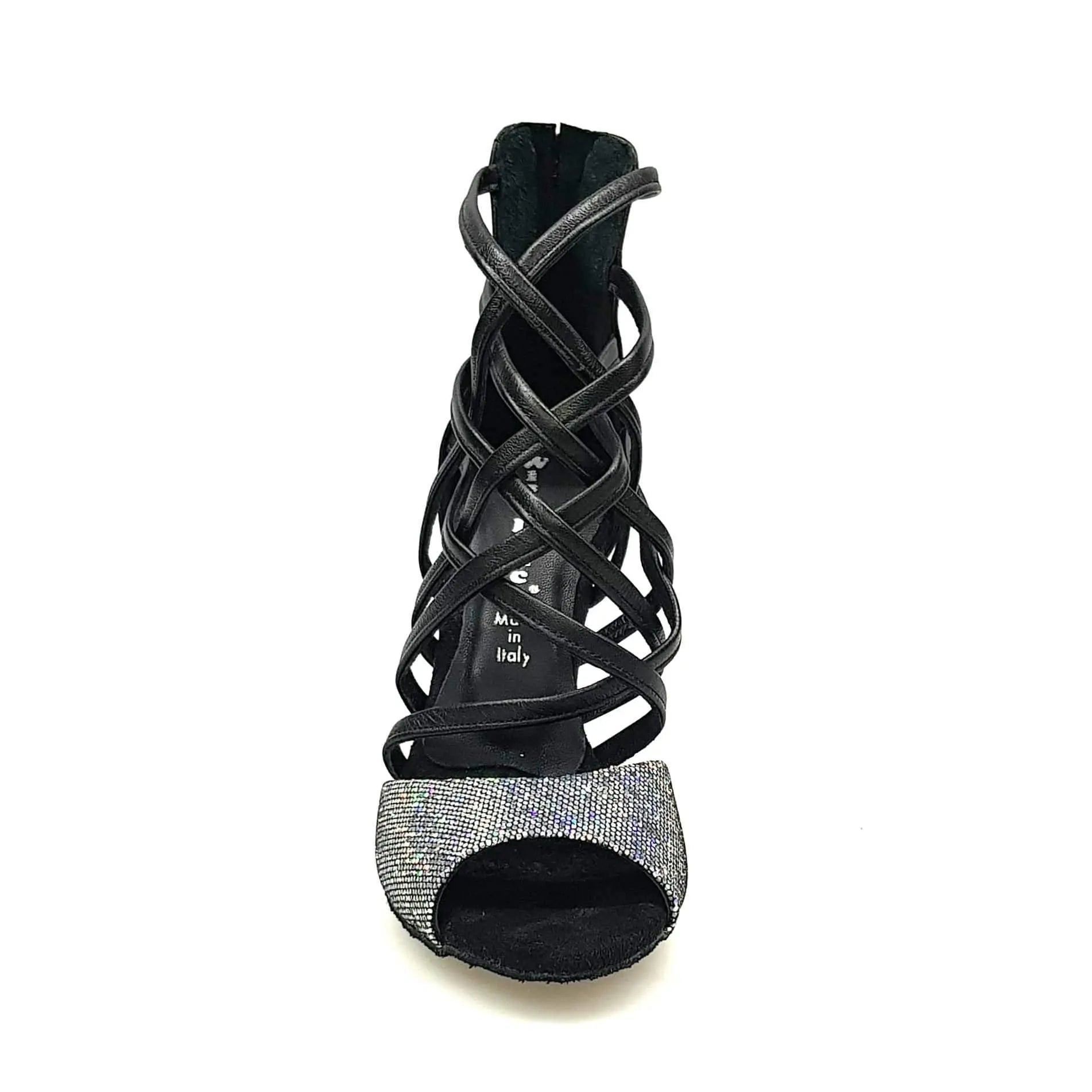 Sandalo da donna Wishdance Megan in vera pelle nera con tomaia multicolor e dettagli in argento, scarpa elegante e colorata.